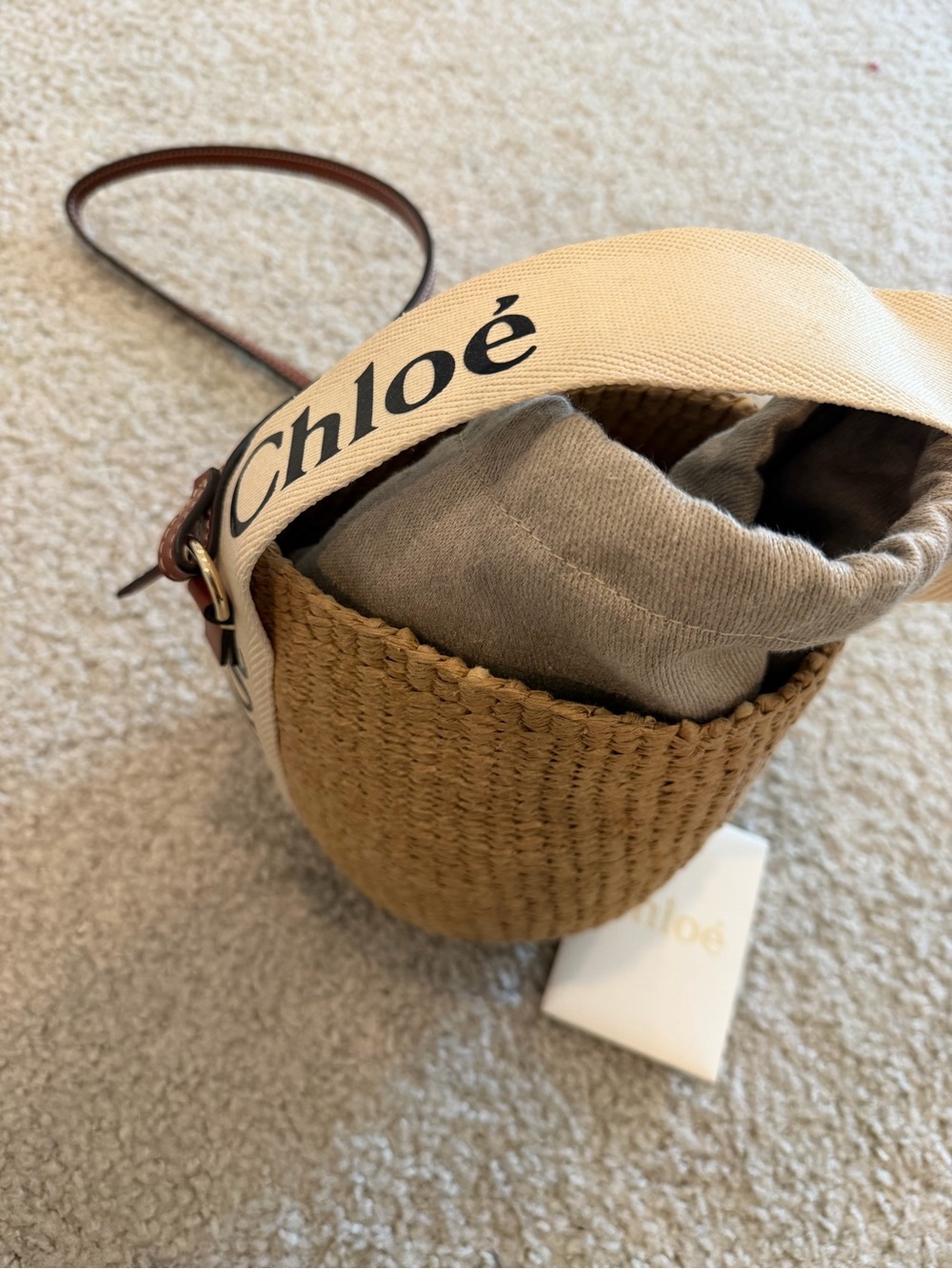 Chloé tan woven shoulder bag with cream logo strap